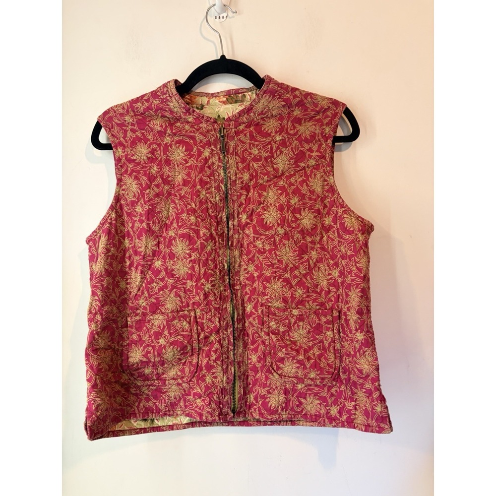Reversible Quilted Vest Floral Pink Green Cottagecore Boho Zip Front Women's M L